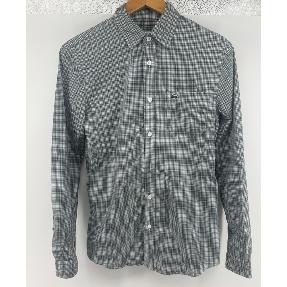 Lacoste Mens Regular Fit Plaid Button Down Shirt Grey Green US S FR 38 0907